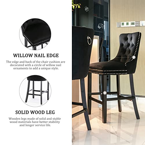 4 Modern Velvet Bar Stools, 27" Height, Button Decor, Nailhead Trim